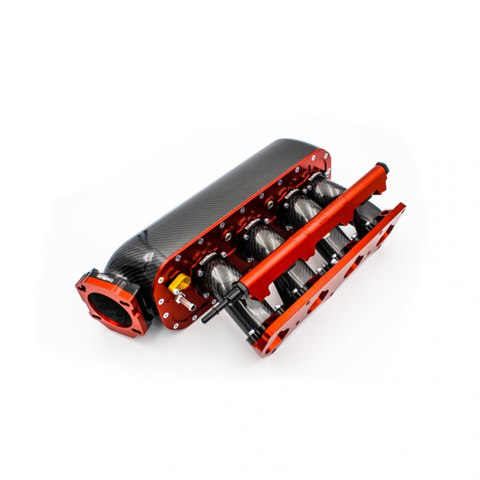 PracWorks Carbon Fibre Intake Manifold 20 Degree Plenum with Fuel Rail Honda K-Series Red Anodizing with Polished Carbon